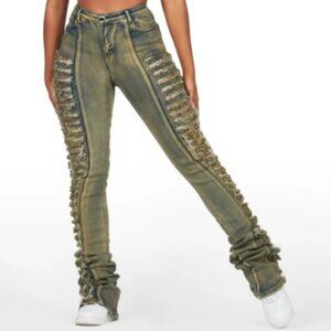 Rock Star Original Jean Erielle Tinted Dark Wash Mega Distressed Super Stacked